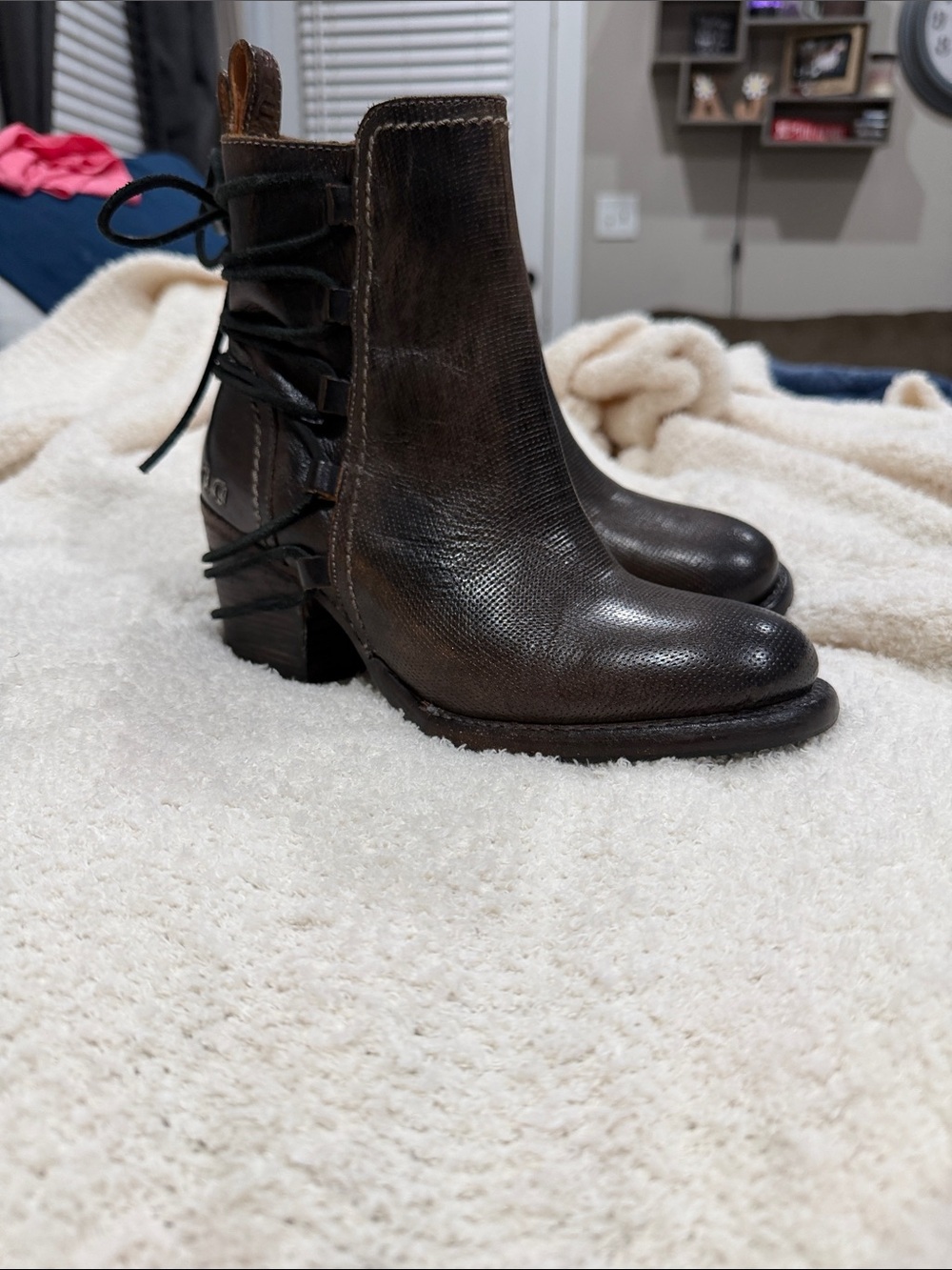 Bed Stu Dark Brown Textured Leather Lace-Up Ankle Booties